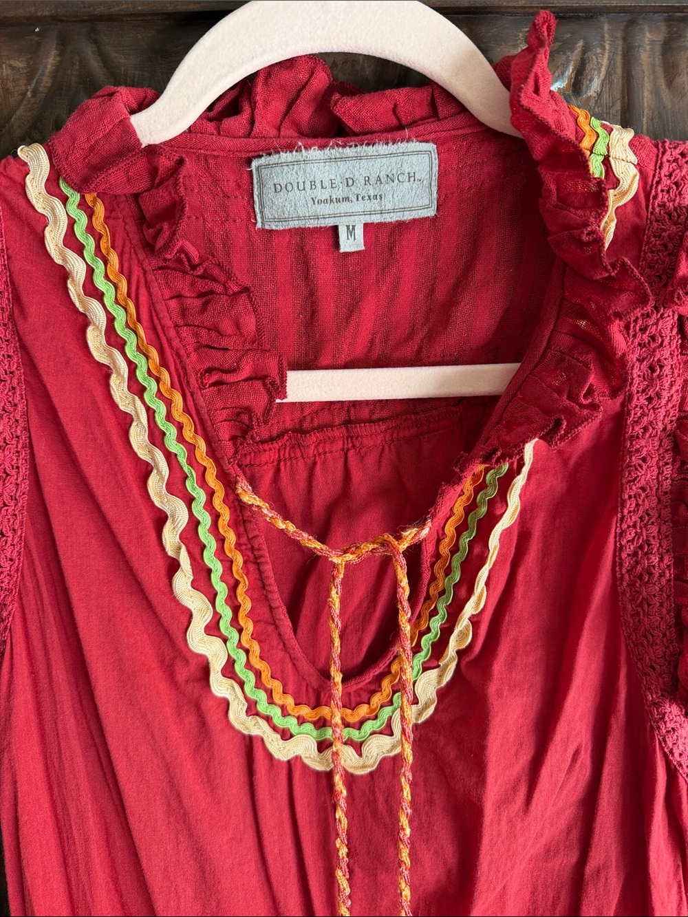 Double D Ranch Red Sleeveless Ruffle Tie-Neck top - Picture 2 of 3